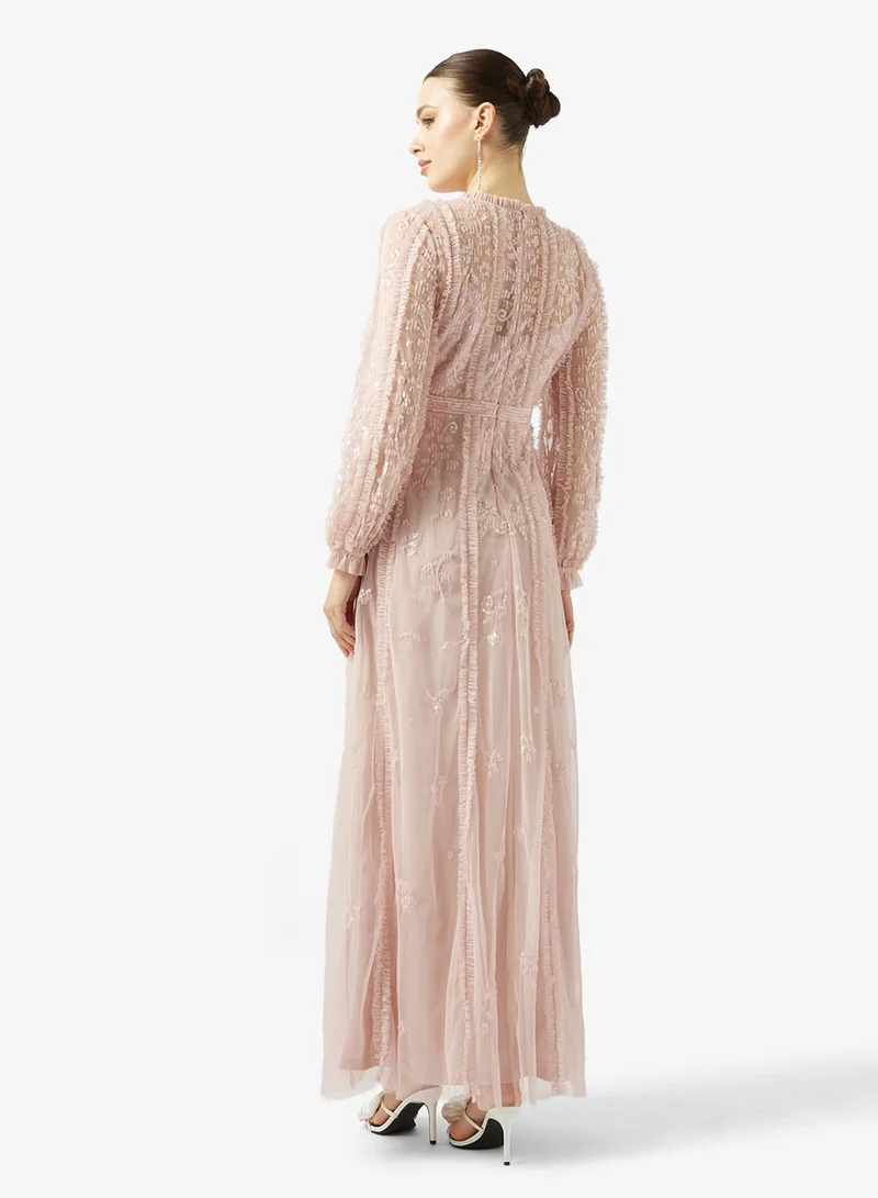 Namshi x Embellished Evening Dress With Sheer Sleeves